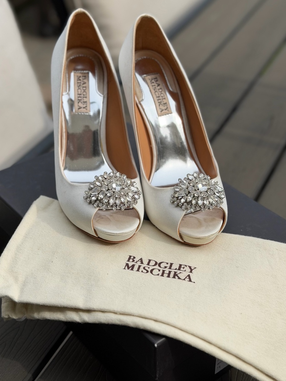 Badgley Mischka Ivory Satin Peep-Toe Heels with Crystal Medallions- Jeannie